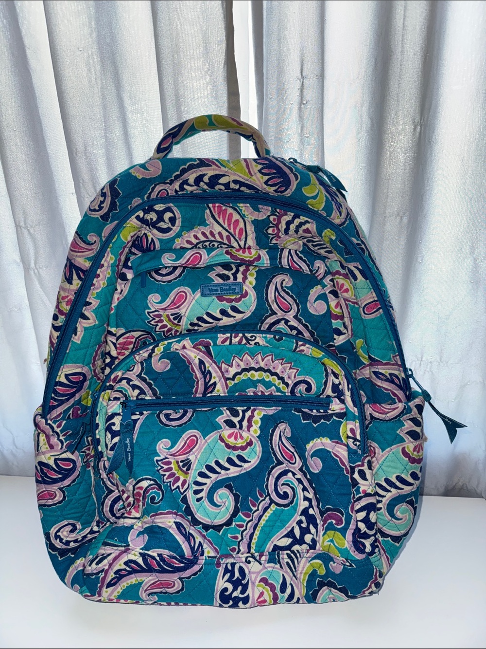 Vera Bradley Teal Paisley Quilted Backpack with Pink & Navy Accents